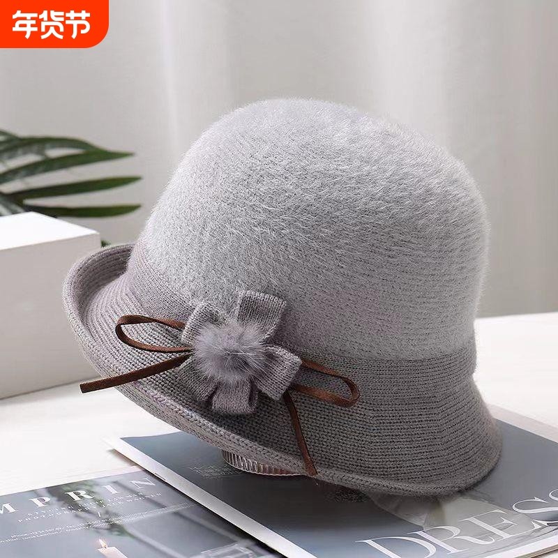 中老年女士早春帽子时尚洋气窄檐针织礼帽秋冬季新款单层毛线帽潮