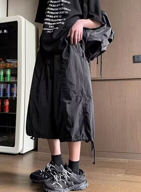 男童休闲裤山本风七分裤子夏季速干工装裤美式阔腿伞兵裤薄款黑色