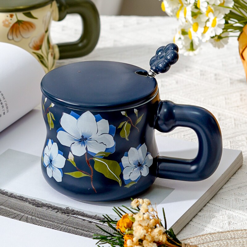 胖手柄马克杯大容量女生茶杯复古轻奢带盖勺水杯陶瓷早餐杯下午茶