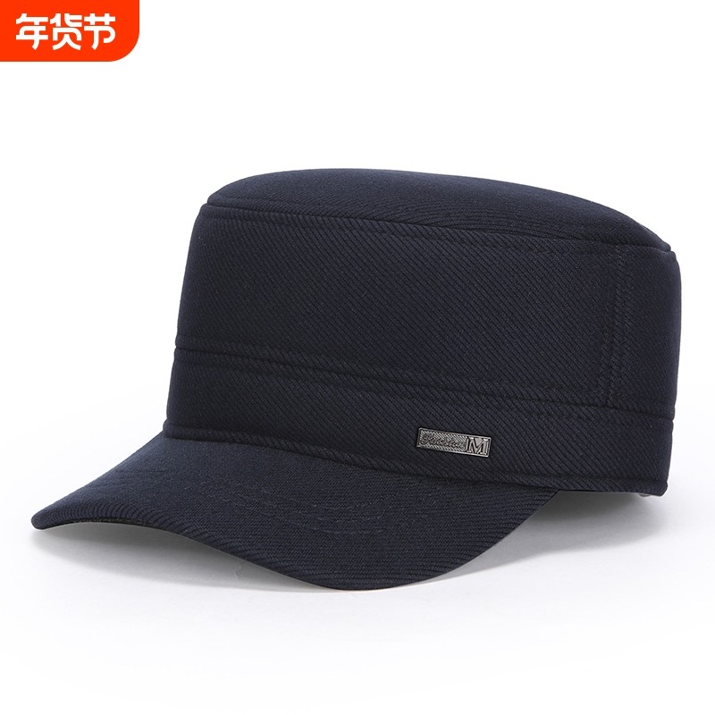 中老年帽子男士冬天爸爸父亲保暖老人秋护耳平顶老头棉鸭舌帽黑色