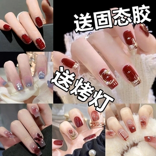美甲穿戴甲烤灯固态胶新年显白红色中长款蝴蝶结贴片波点法式光疗