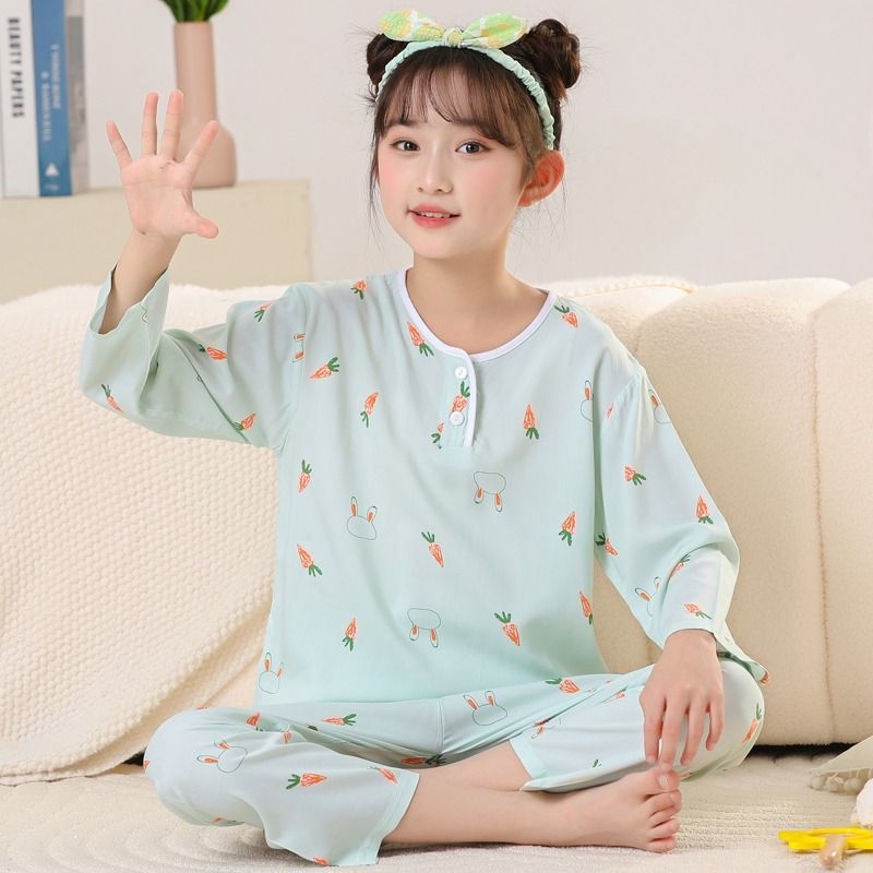 夏季儿童睡衣女童薄款女孩棉绸长袖套装宝宝绵绸大童空调家居服