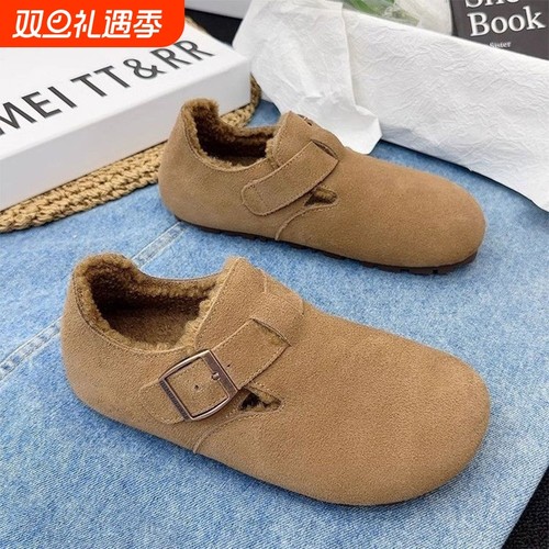 大码女鞋41到43加绒勃肯鞋软底一脚蹬豆豆鞋毛毛鞋全包博肯鞋平底