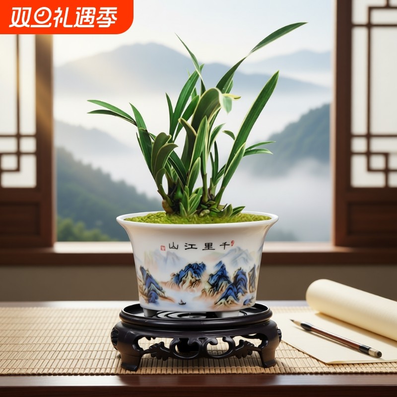 高温白瓷花盆陶瓷家用桌面盆三足有孔小号文竹绿植盆蕨类菖蒲盆栽