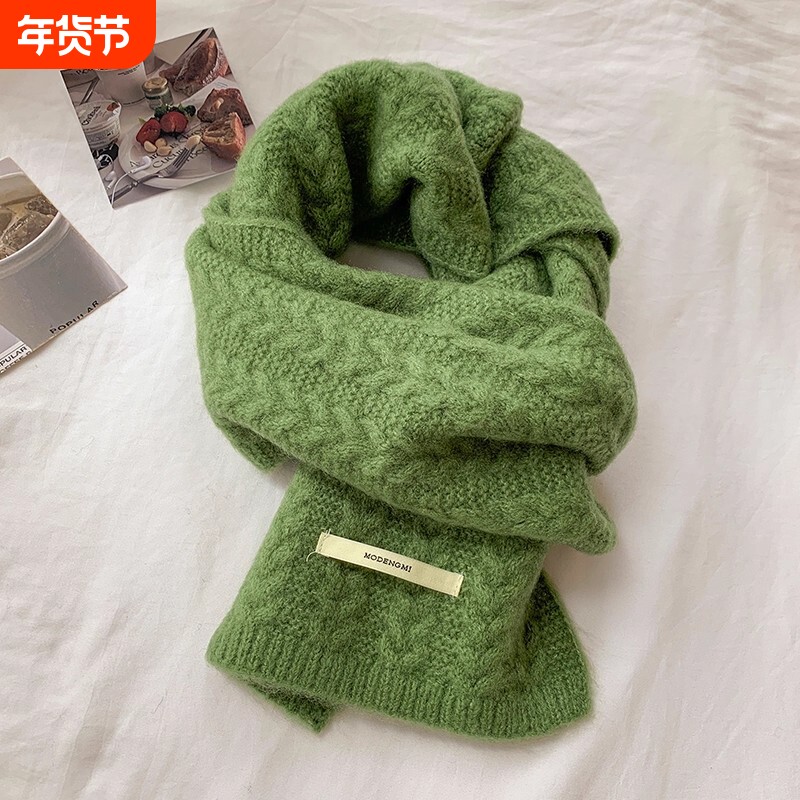 牛油果绿针织毛线围巾女秋冬季保暖加厚学生围脖绿色红色紫色蓝色