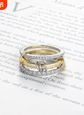 跨境爆款不锈钢环环相扣满钻锆石戒指双色多元素新款跨境爆品