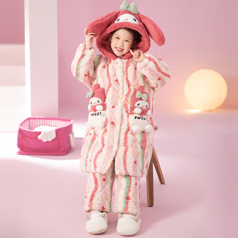 女童睡袍秋冬加厚法兰绒夹棉套装
