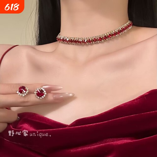 【醉人朱樱】爆闪红色项链精致高级感锁骨链耳钉套装晚宴配饰项链