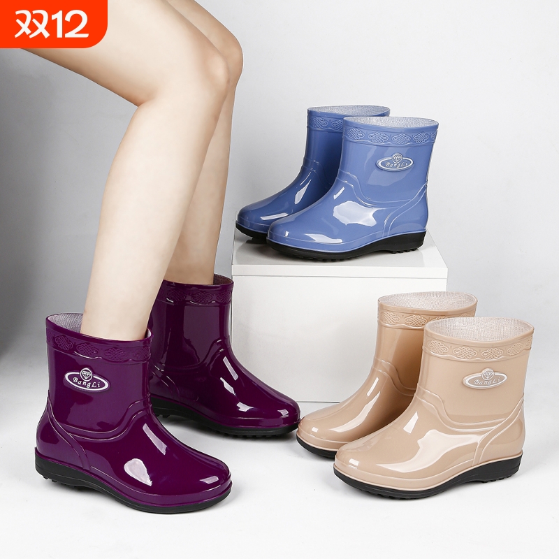 厨房防滑中筒雨鞋女款软底保暖