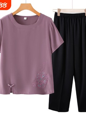 妈妈夏季棉麻短袖套装中老年女装