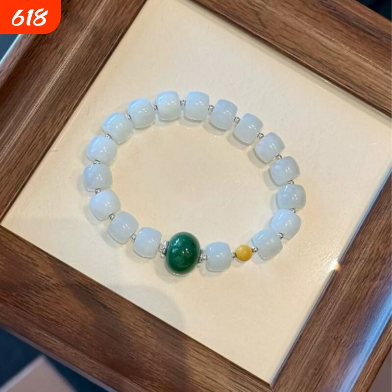 天然和田白玉手串尺寸10m搭配天然碧玉鼓珠蜜蜡天然白玉手链高端