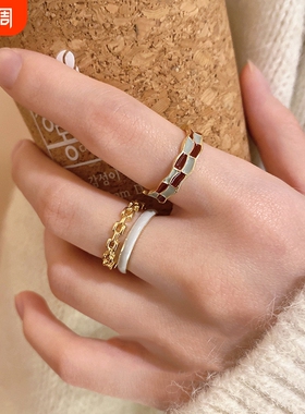 高级感珐琅棋盘格开口戒指女轻奢