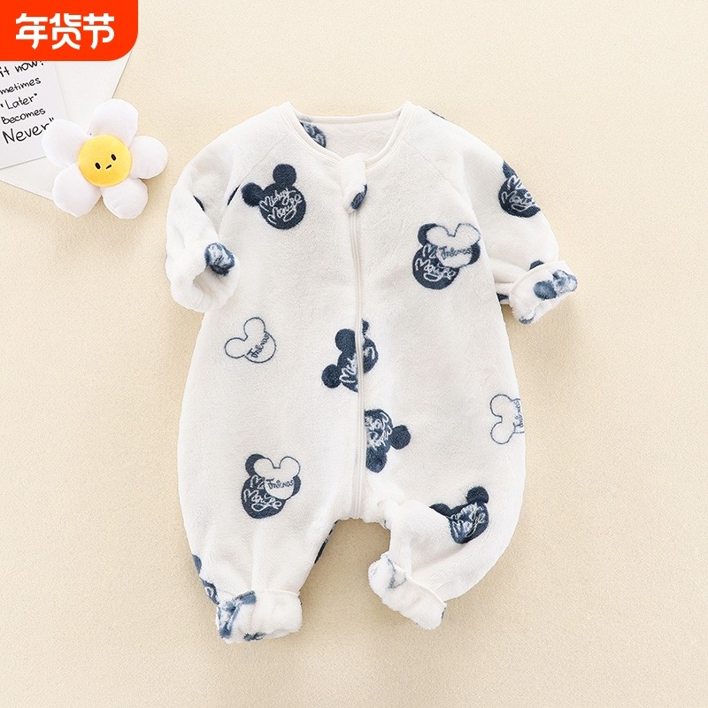 男女宝宝儿童家居服防踢被秋冬法兰绒婴儿双面绒连体睡衣小蜜蜂