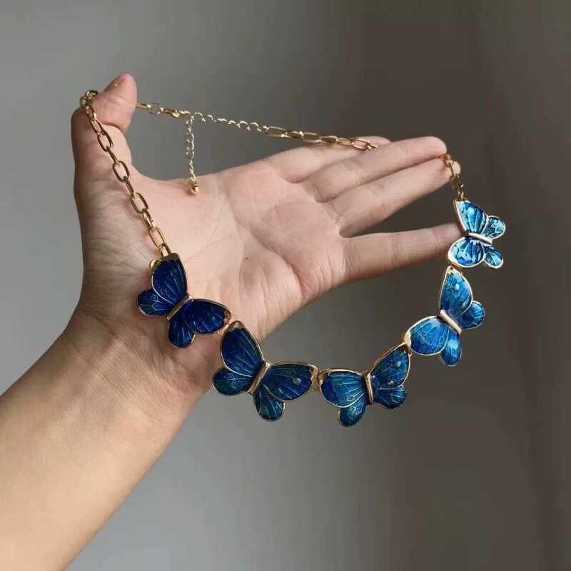 蓝色海洋蝴蝶滴油项链早秋复古高级感锁骨链小众设计礼服配饰颈链