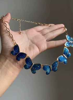 蓝色海洋蝴蝶滴油项链早秋复古高级感锁骨链小众设计礼服配饰颈链