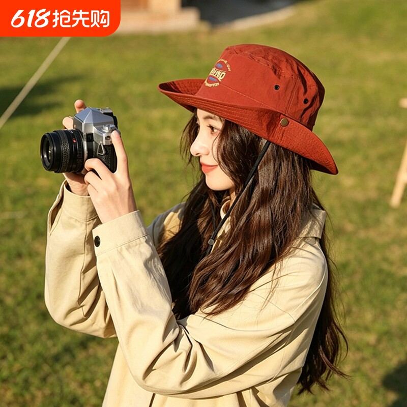 速干红色防晒渔夫帽女士新款夏季户外爬山登山帽徒步帽子可折叠