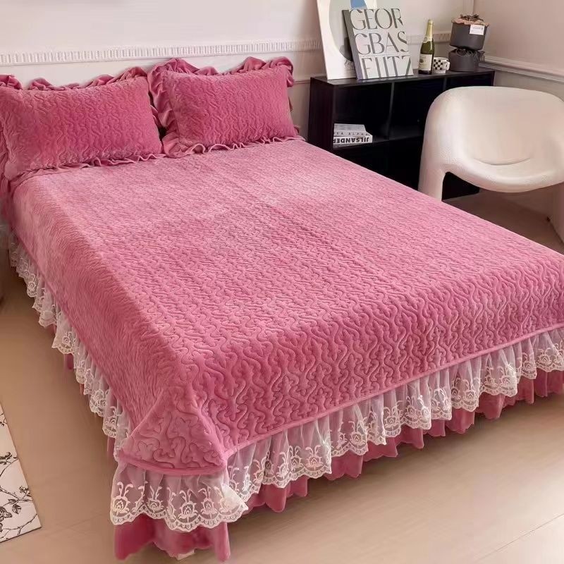 牛奶绒蕾丝花边床盖冬季床裙加绒三件套四件套冬季床盖速卖通