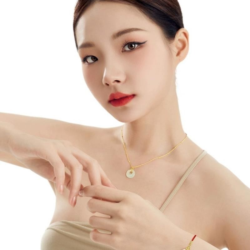 s925纯银幸运平安扣项链女简约小众设计锁骨链玉石吊坠项饰品礼物