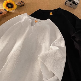 V领冰丝短袖t恤男夏季宽松凉感男士半袖衣服潮牌潮流2026新款体恤