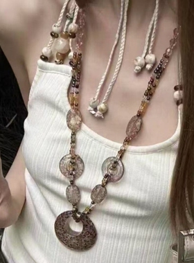 换个风格古早涩谷辣妹豹纹串珠项链女y2k亚文化长款毛衣链配饰品