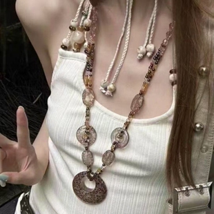 换个风格古早涩谷辣妹豹纹串珠项链女y2k亚文化长款毛衣链配饰品