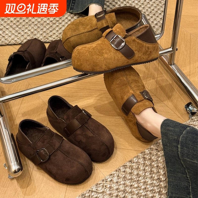 2025冬季新款厚底内增高全包勃肯鞋女复古休闲丑萌两穿女加绒棉鞋