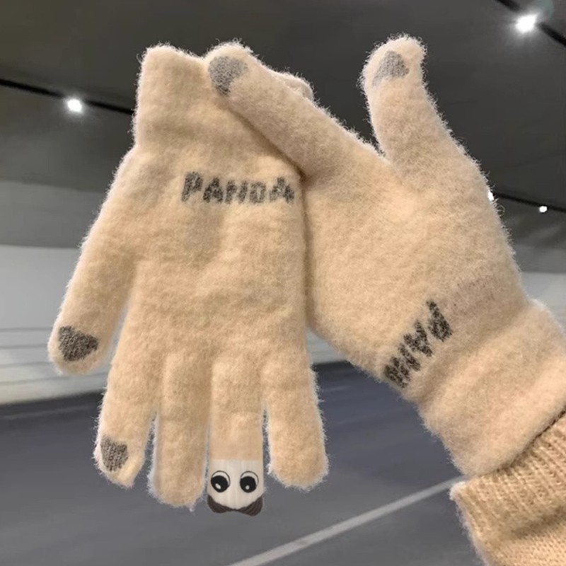 毛线手套女冬季可爱可触屏加绒加厚保暖五指冬天防寒棉骑车紫色