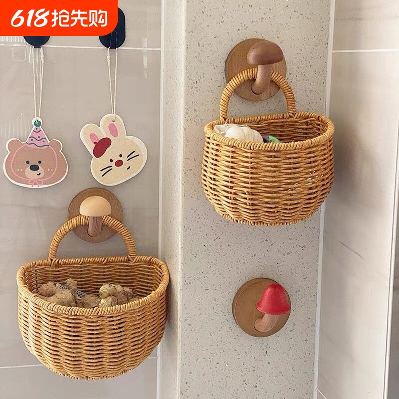 姜蒜挂篮复古收纳仿藤篮子厨房生姜编织花篮壁挂式塑料藤编筐