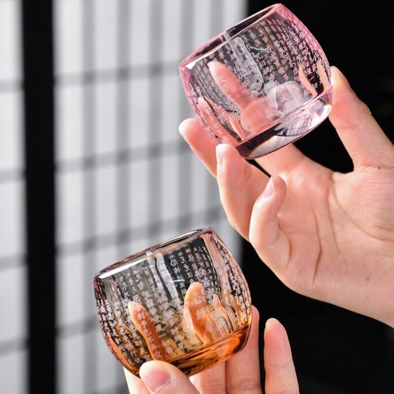 创意耐高温水晶玻璃主人茶杯品茗杯功夫茶具心经百福佛堂供水杯