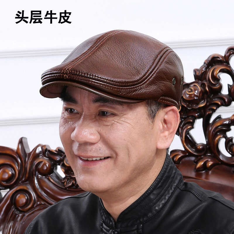 秋冬季真皮帽子男士头层牛皮中老年人鸭舌帽保暖护耳前进贝雷帽男