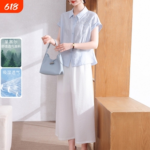 妈妈夏季莱赛尔衬衫2026新款洋气女款中老年人短袖上衣两件套衣服