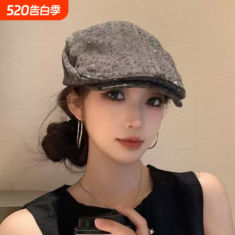 美式复古豹纹前进帽春夏季百搭显脸小贝雷帽反戴鸭舌帽子灰色白色