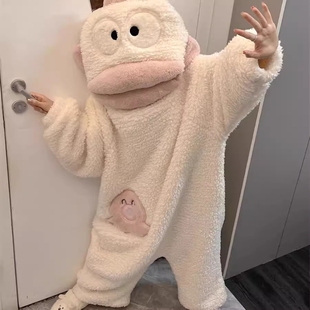 可爱白丑鱼睡衣女生秋冬季珊瑚绒加厚保暖卡通法兰绒家居服套装女