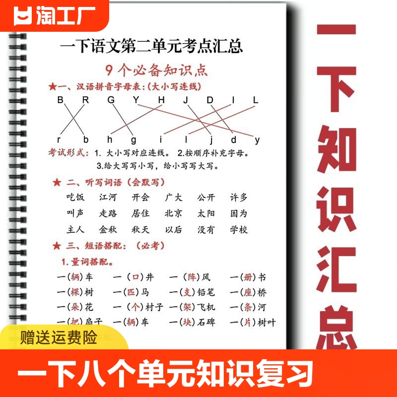 部编人教版课本同步小学语文一年级下册每单元考点汇总必备知识点总复习重点知识清单老师推荐易错重期中期末考试复习练习 书籍/杂志/报纸 练字本/练字板 原图主图