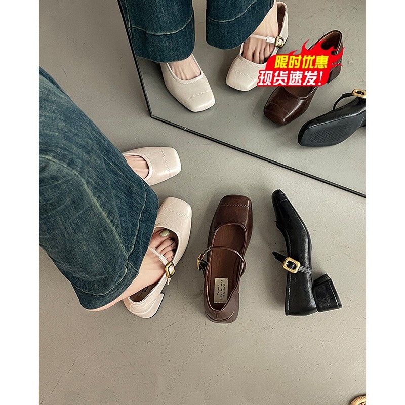 法式复古玛丽珍鞋女2025年秋季新款浅口方头粗中跟配裙子单鞋圆头