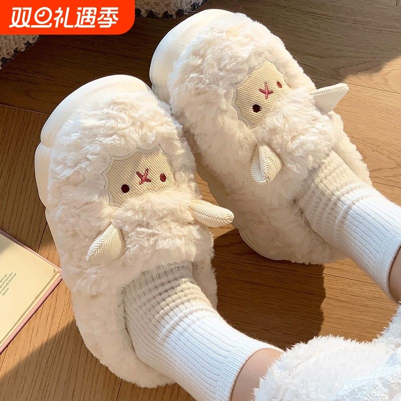 棉拖鞋女士可爱小羊毛毛鞋情侣款男女冬季居家包跟保暖防滑月子鞋