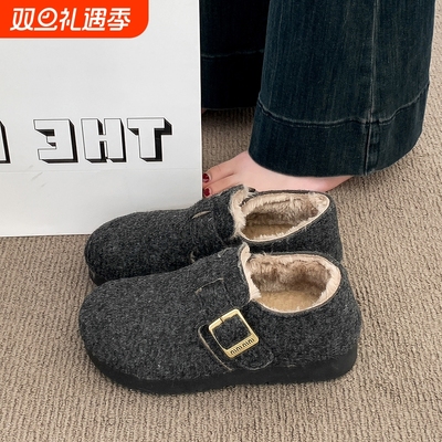 厚底加绒灰色勃肯鞋女豆豆鞋2025新款冬季女鞋子加厚保暖雪地棉鞋