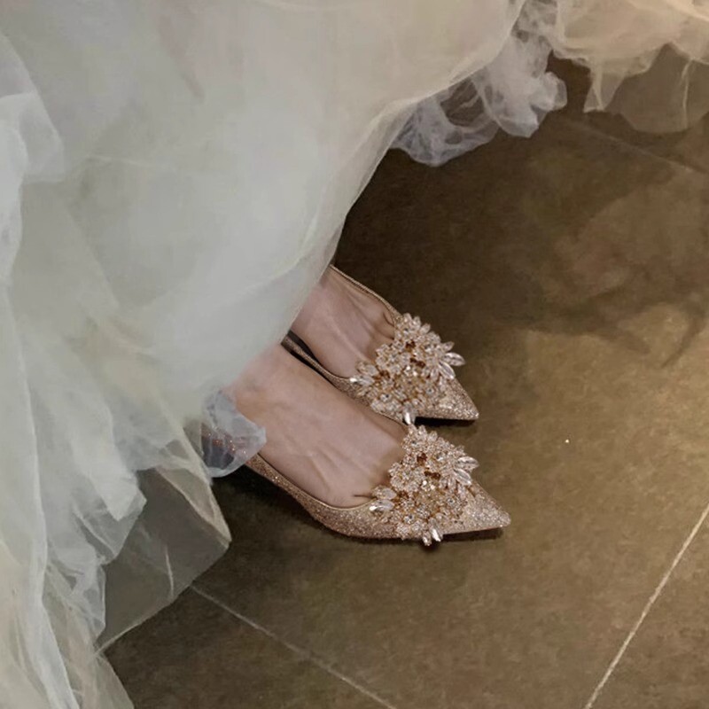 他她女孩他她女孩主纱婚鞋婚纱两穿新娘鞋女2025新金色水晶高跟鞋