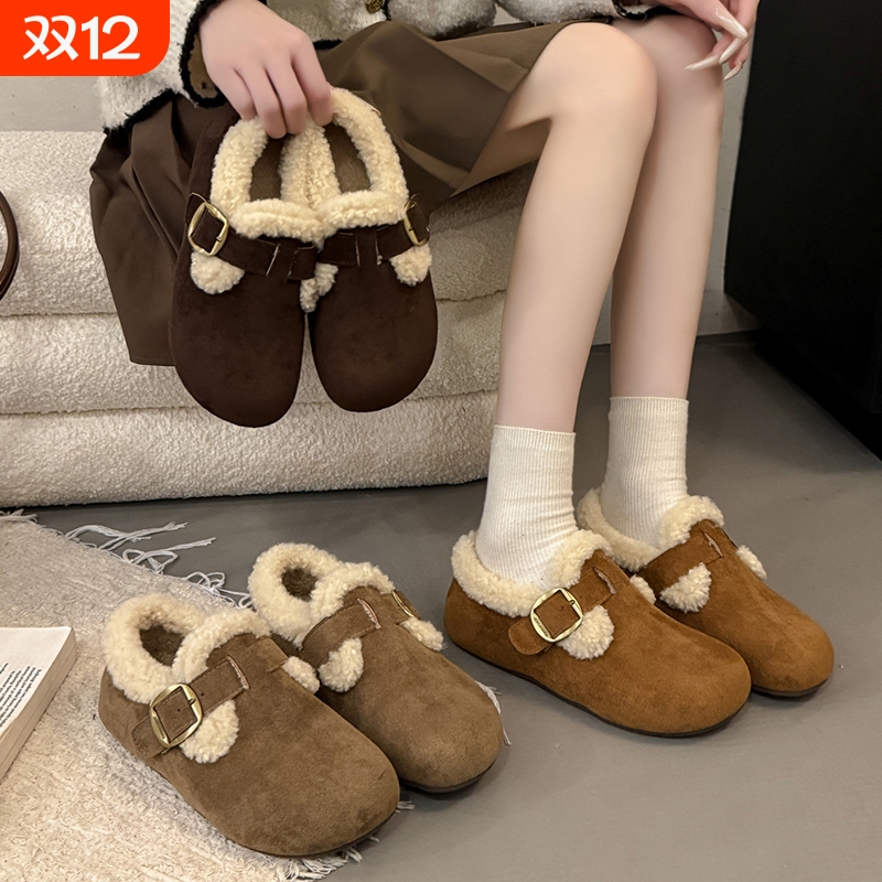 热风圈内增高勃肯鞋女2025冬季新款厚底加绒保暖棉鞋一脚蹬毛毛鞋