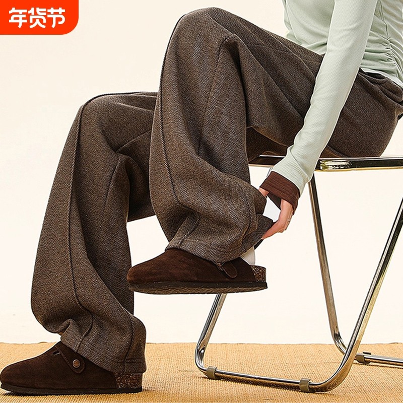 美拉德咖色加绒加厚休闲裤男女秋冬季垂感阔腿裤休闲复古直筒裤,男装,休闲裤,淘宝优惠券,粉丝福利购,淘宝优惠卷