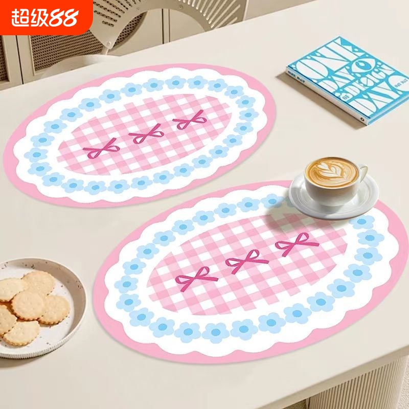 ins韩系蝴蝶结少女心格子家用皮革餐垫隔热防烫防滑餐桌垫耐脏