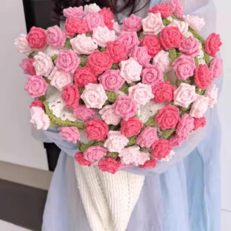 新款渐变玫瑰花毯diy手工编织材料包花束毯子礼物毛线女友钩花毯
