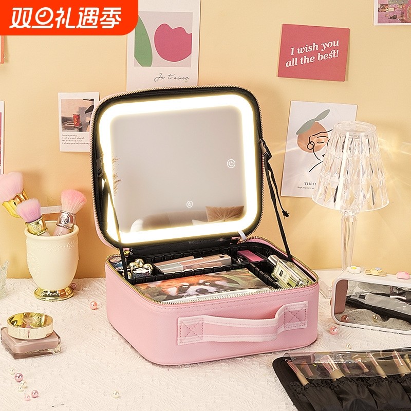 多功能化妆包LED带灯带镜子新款手提大容量专业美妆箱化妆镜分区