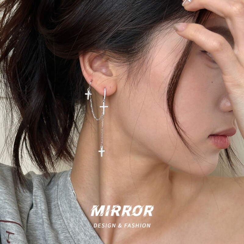 小麋人925纯银双耳洞十字架耳扣方形耳钉女耳环耳饰ins风耳圈网