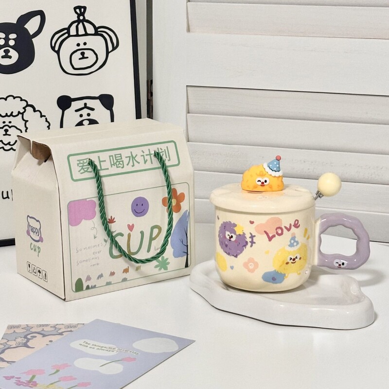 可爱煤球马克杯带盖勺高颜值少女心杯子陶瓷情侣水杯女生生日礼物