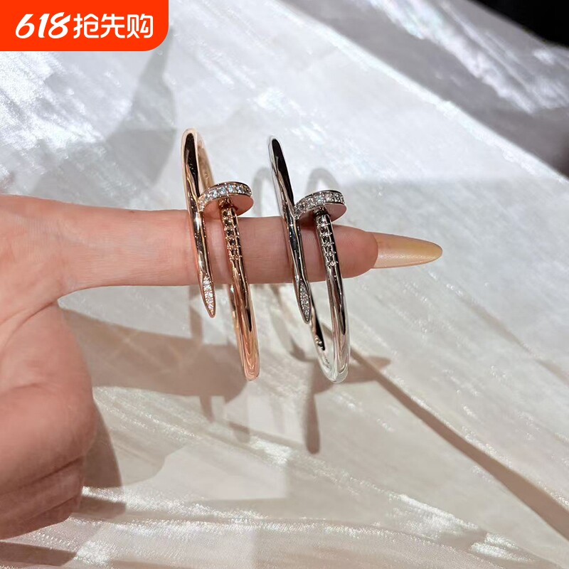 不掉色18K玫瑰金钉子手镯女头尾钻粗版细版百搭情侣手环送老婆