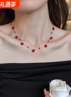 晚睡山野清新莓莓夏日设计小众红色花朵切面串珠项链显白锁骨颈链