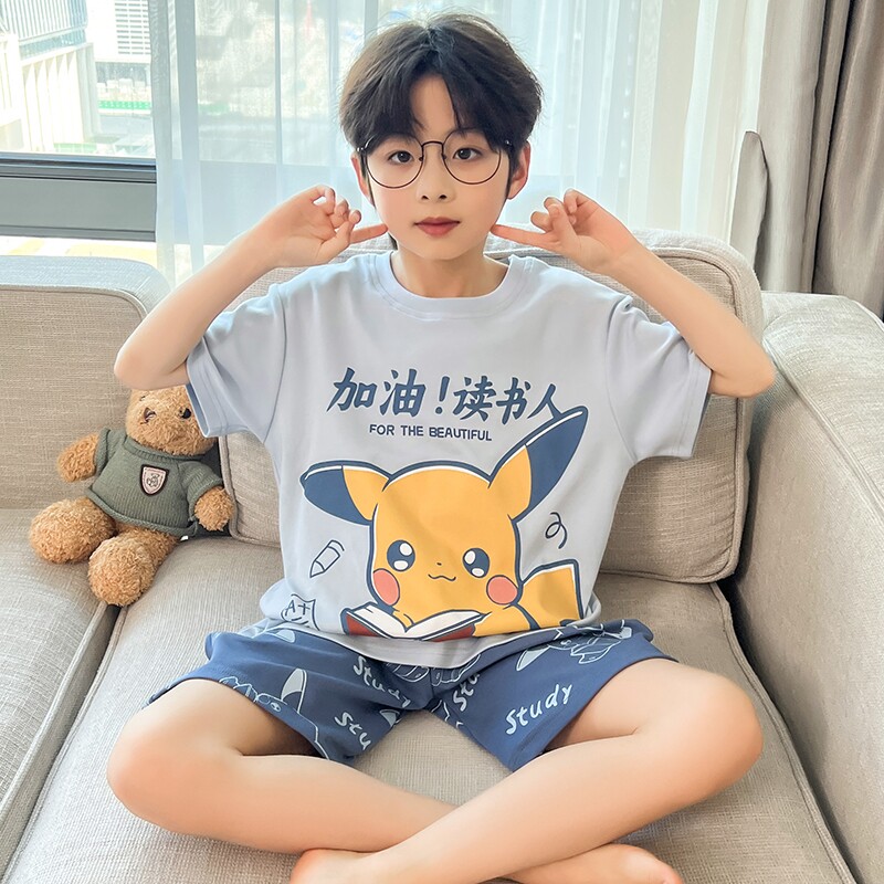 儿童睡衣男童夏季卡通皮卡丘薄款短袖新款男孩大童夏天家居服套装