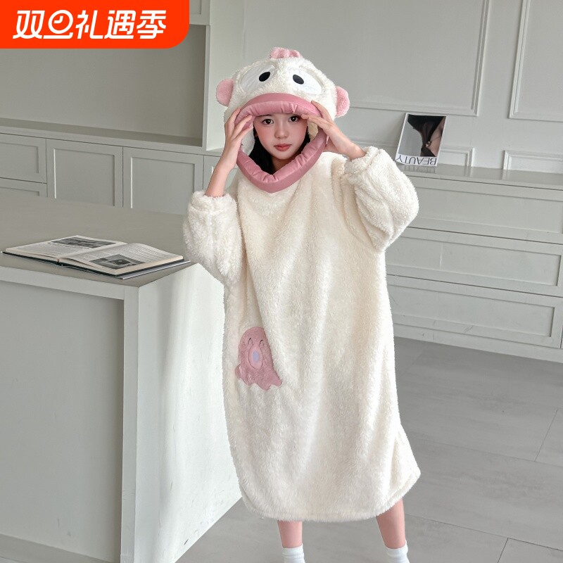 儿童小丑鱼连体睡衣秋冬季珊瑚绒加厚睡袍睡裙家居服亲子白色卡通