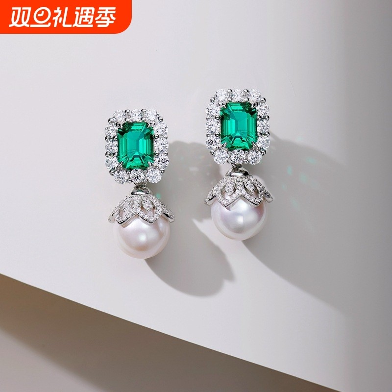 直播热卖新品仿真祖母绿碧玺珍珠满钻耳钉女名媛风公主方耳坠饰品